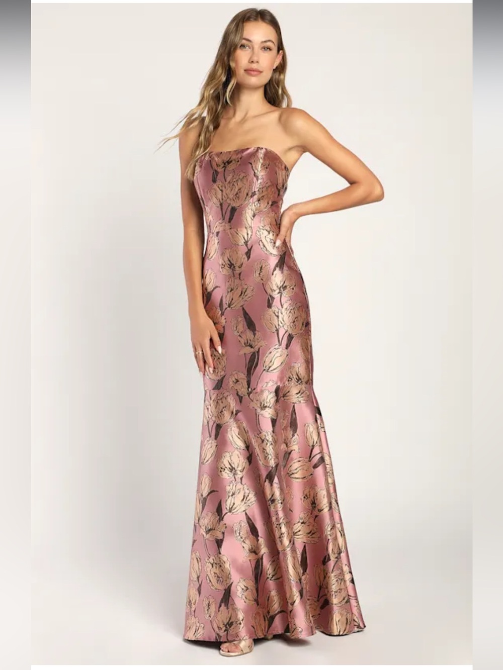Lulus Gowning Around Mauve Floral Jacquard Strapless Maxi Dress xs broken zipper